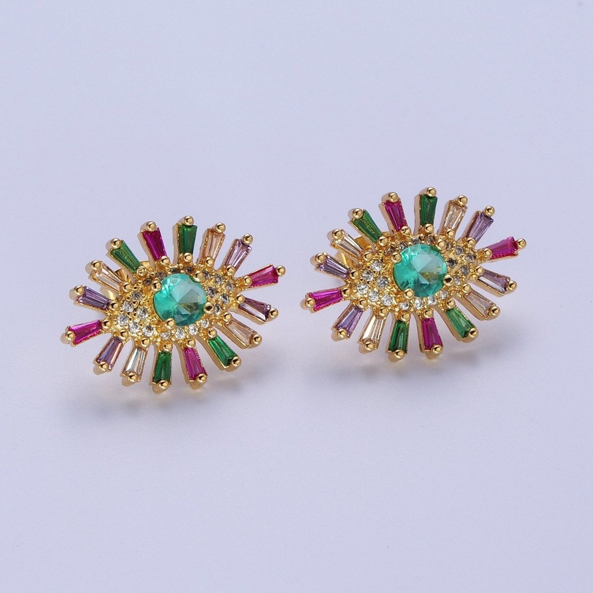 24K Gold Filled Micro Pave Eye of Ra Multicolor Baguette Cubic Zirconia Protection Stud Earrings