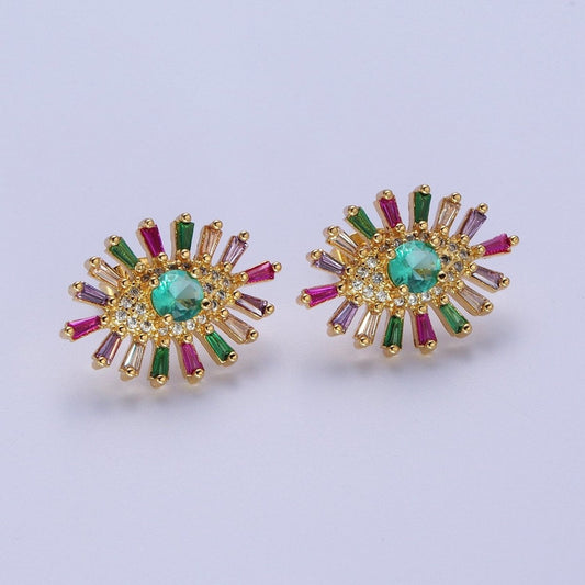 24K Gold Filled Micro Pave Eye of Ra Multicolor Baguette Cubic Zirconia Protection Stud Earrings