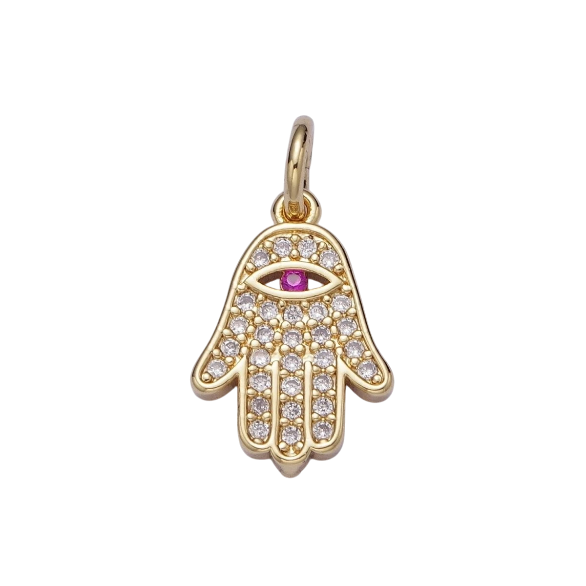 24K Gold Filled Micro Paved Fuchsia CZ Hamsa Hand Evil Eye Charm