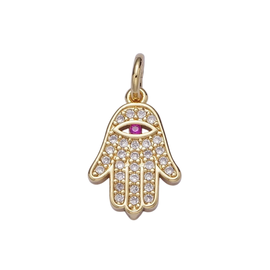 24K Gold Filled Micro Paved Fuchsia CZ Hamsa Hand Evil Eye Charm