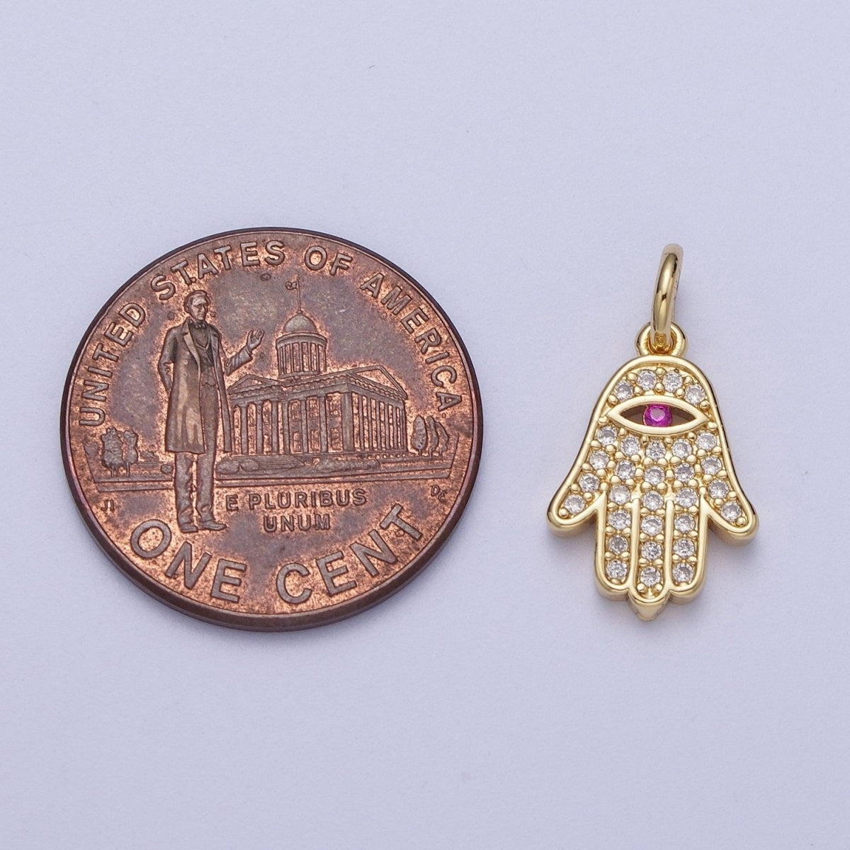24K Gold Filled Micro Paved Fuchsia CZ Hamsa Hand Evil Eye Charm