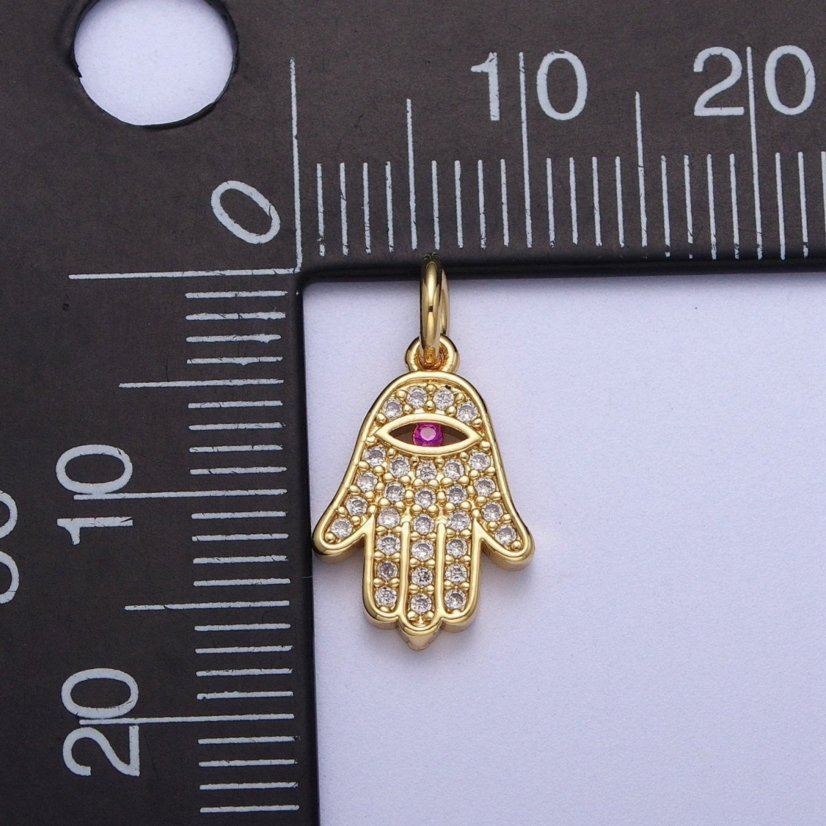 24K Gold Filled Micro Paved Fuchsia CZ Hamsa Hand Evil Eye Charm