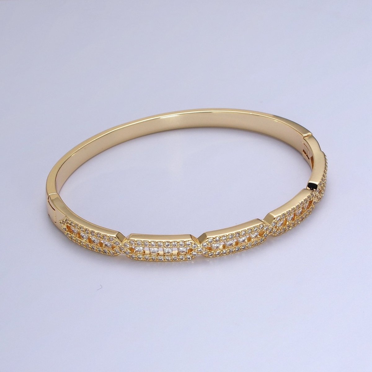 Unique 24K Gold Filled Micro Pave Rectangular Hexagon Geometric Bangle Bracelet