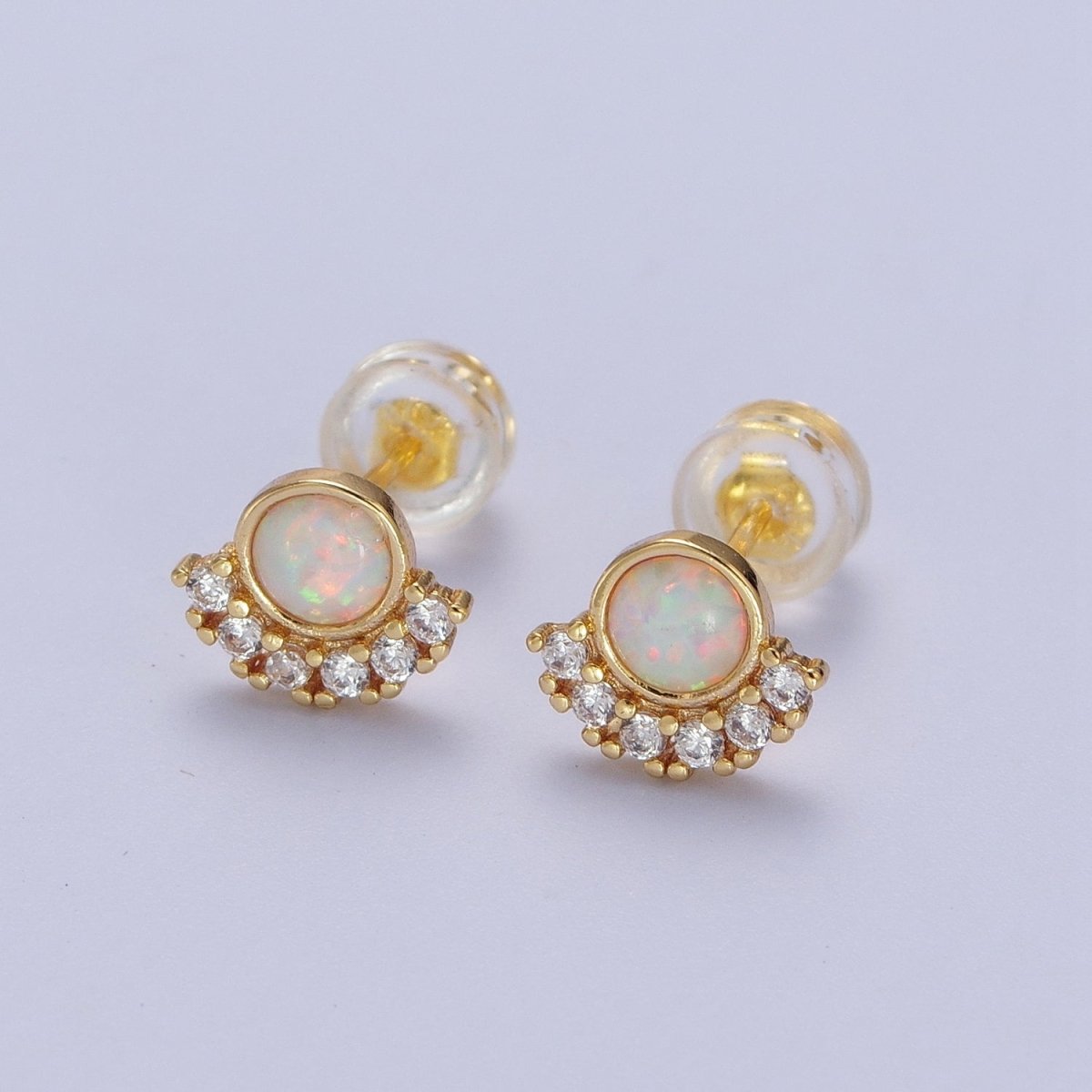 Sweet 24K Gold Filled Micro Paved Round White Opal Stud Earrings