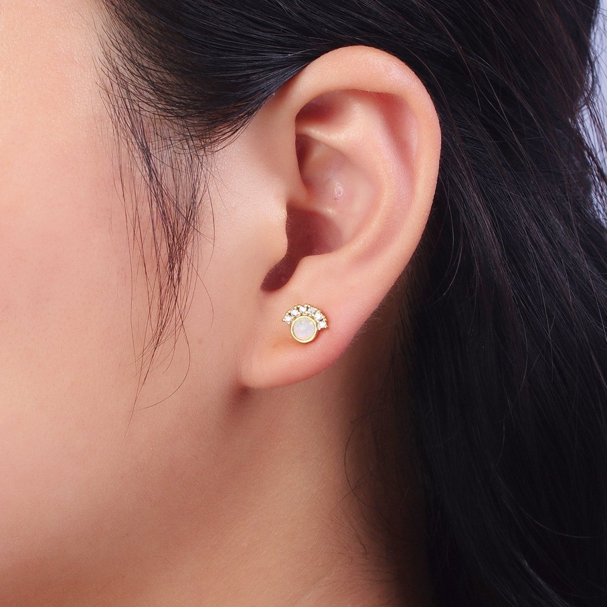 Sweet 24K Gold Filled Micro Paved Round White Opal Stud Earrings