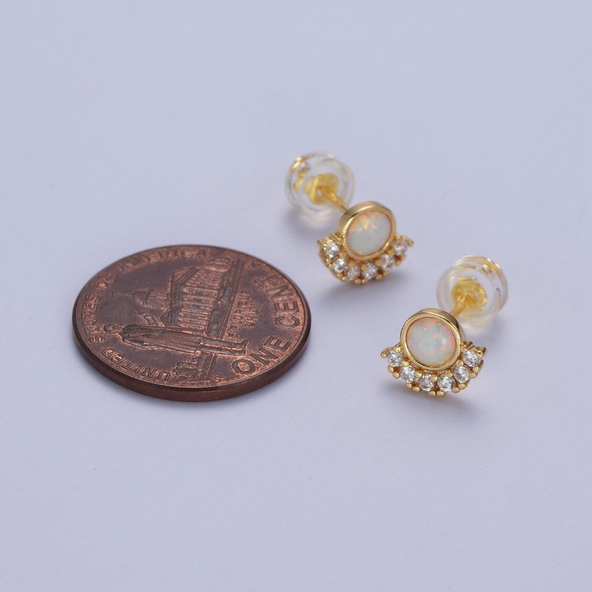 Sweet 24K Gold Filled Micro Paved Round White Opal Stud Earrings