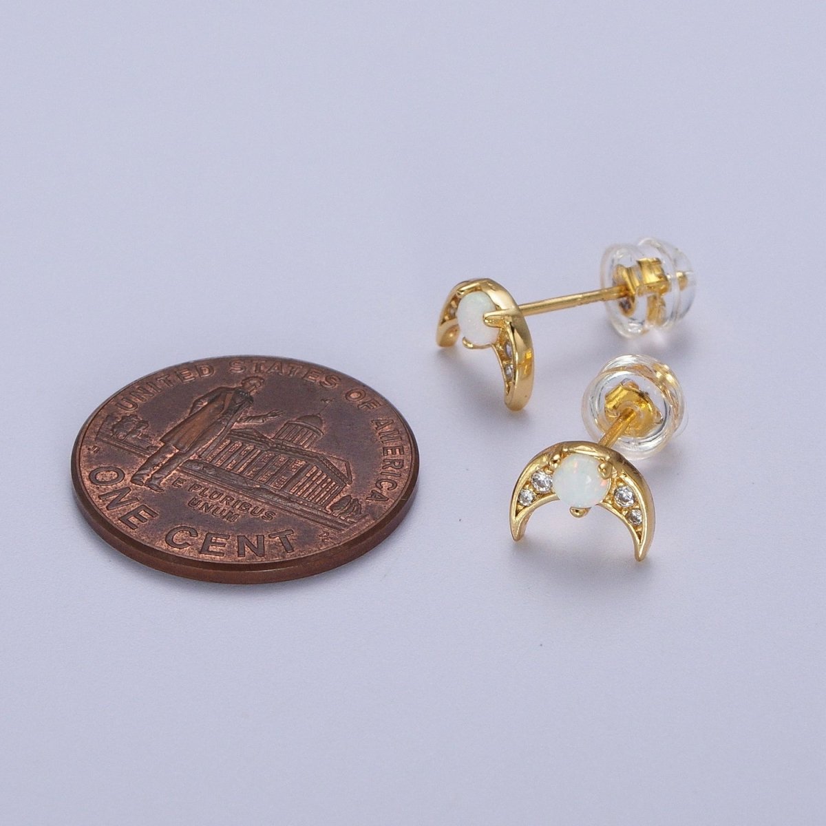 Dainty 24K Gold Filled Mini White Opal Micro Paved CZ Crescent Moon Stud Earrings