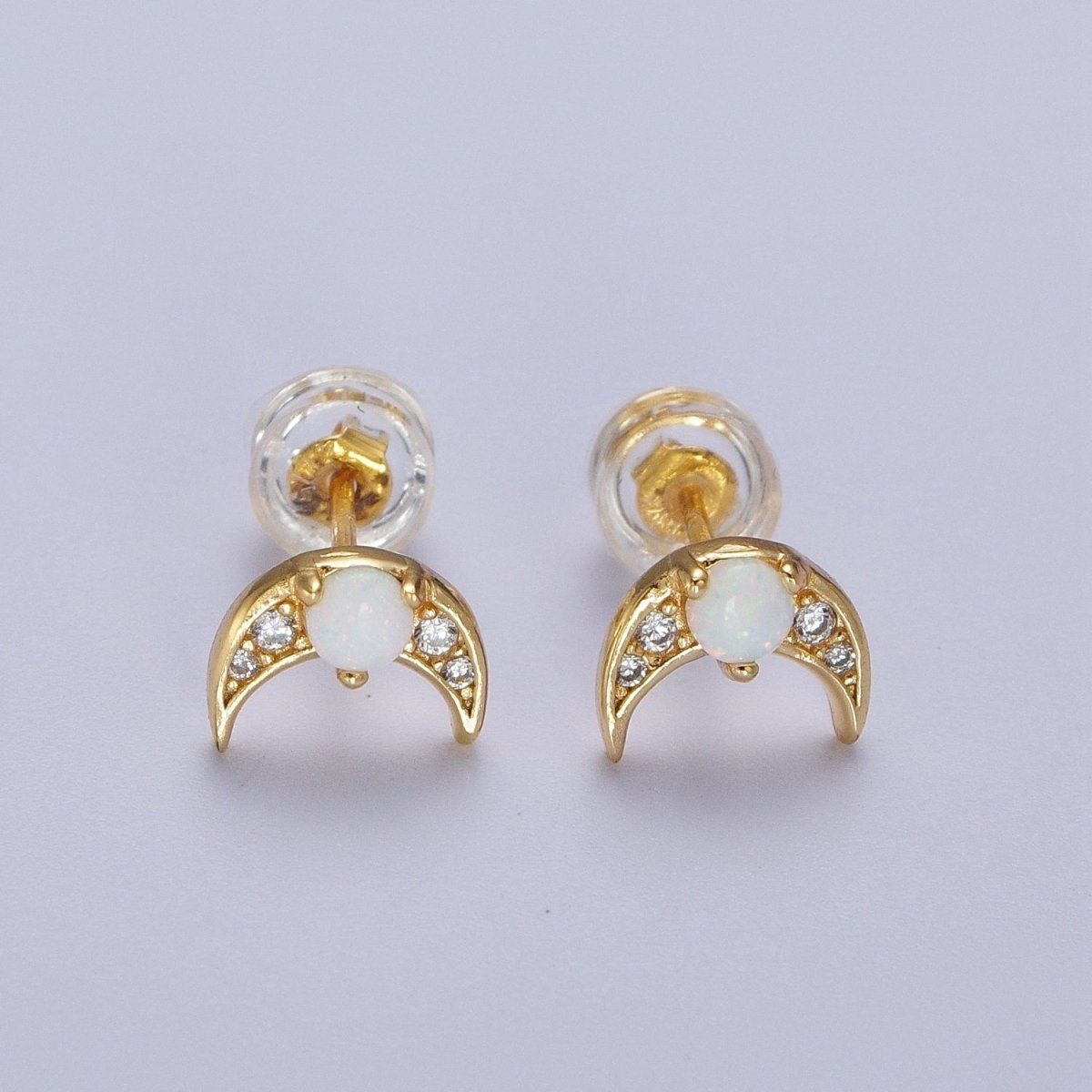 Dainty 24K Gold Filled Mini White Opal Micro Paved CZ Crescent Moon Stud Earrings