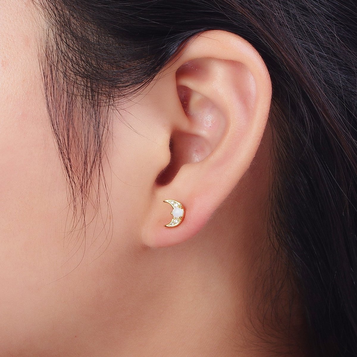 Dainty 24K Gold Filled Mini White Opal Micro Paved CZ Crescent Moon Stud Earrings