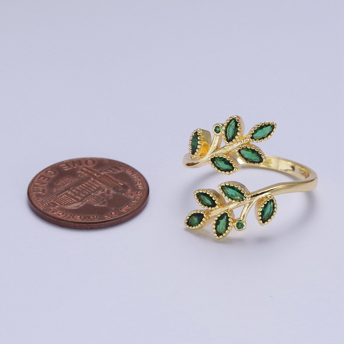 Beautiful 24K Gold Filled Mother Nature Vine Leaves Green Cubic Zirconia Adjustable Open Ring