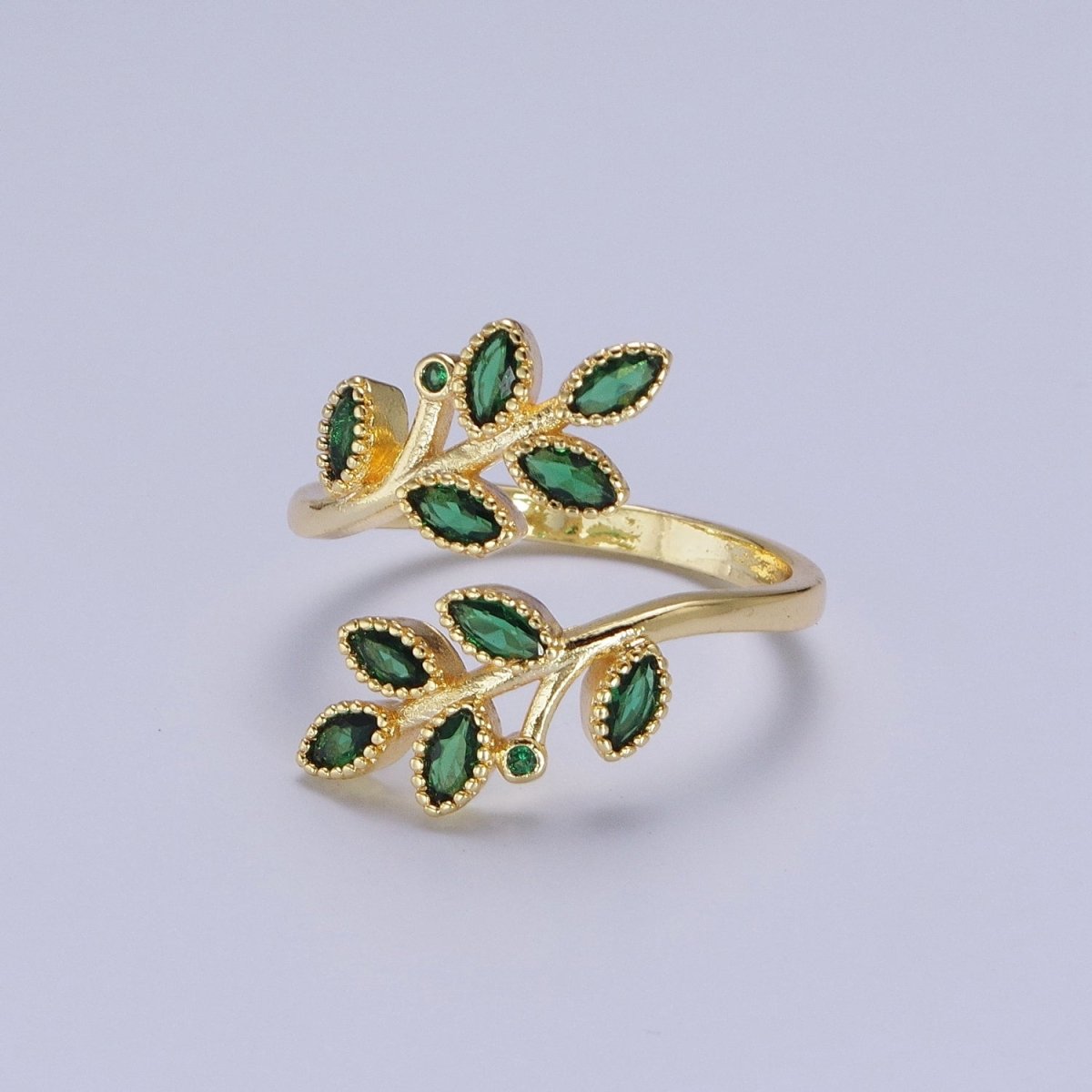 Beautiful 24K Gold Filled Mother Nature Vine Leaves Green Cubic Zirconia Adjustable Open Ring