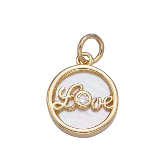 24K Gold Filled Mother of Pearl Love Script Round Coin Charm