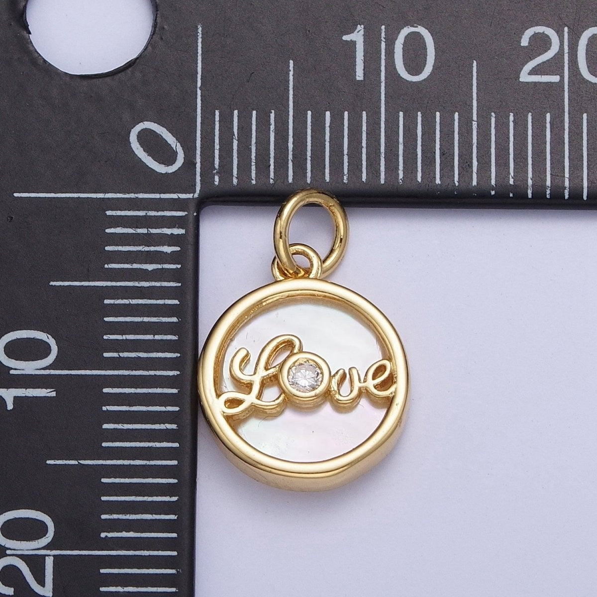 24K Gold Filled Mother of Pearl Love Script Round Coin Charm