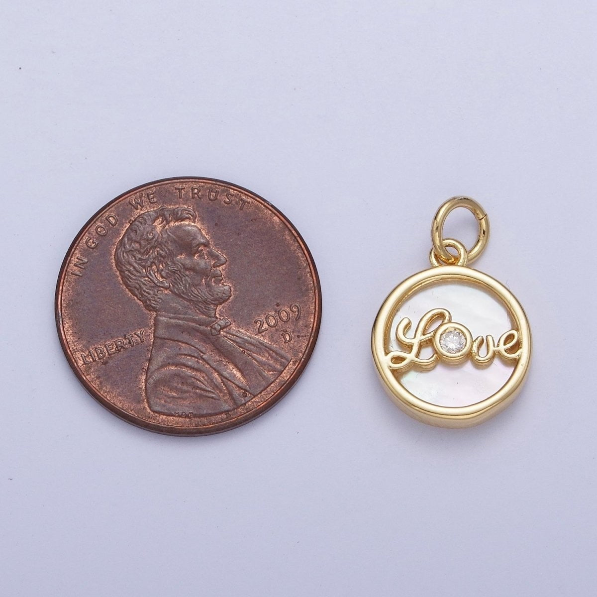 24K Gold Filled Mother of Pearl Love Script Round Coin Charm