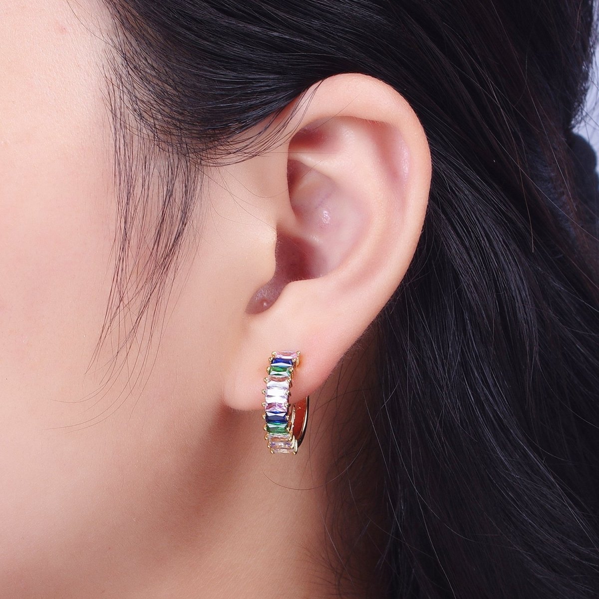 Stunning 24K Gold Filled Multicolor Baguette Cubic Zirconia 18mm Huggie Hoop Earrings