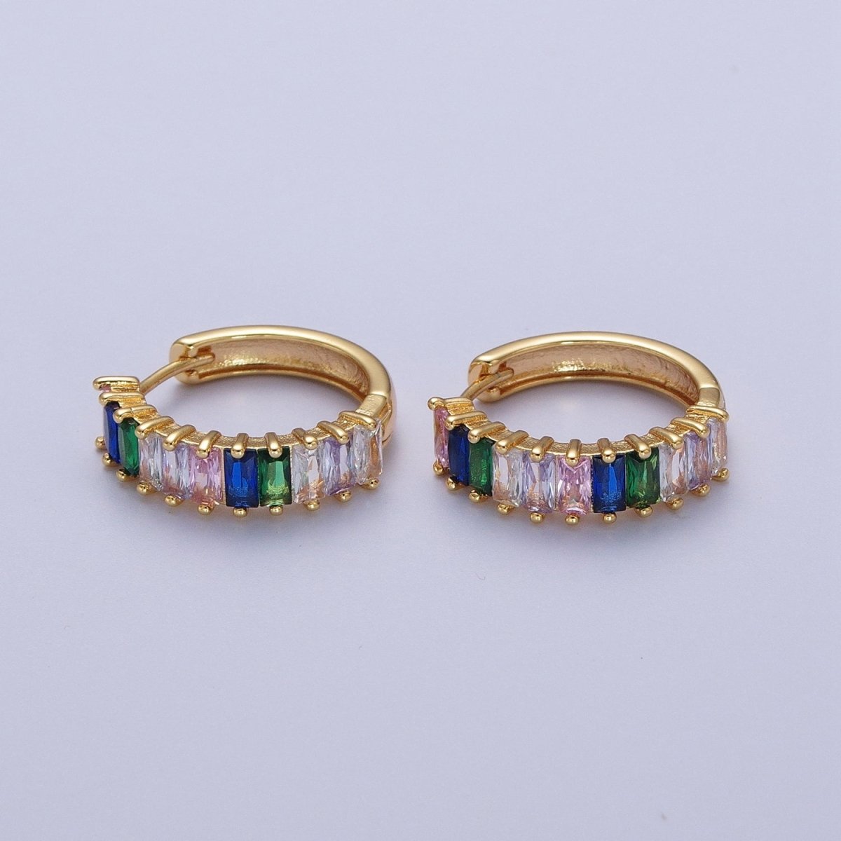 Stunning 24K Gold Filled Multicolor Baguette Cubic Zirconia 18mm Huggie Hoop Earrings