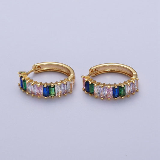 Stunning 24K Gold Filled Multicolor Baguette Cubic Zirconia 18mm Huggie Hoop Earrings