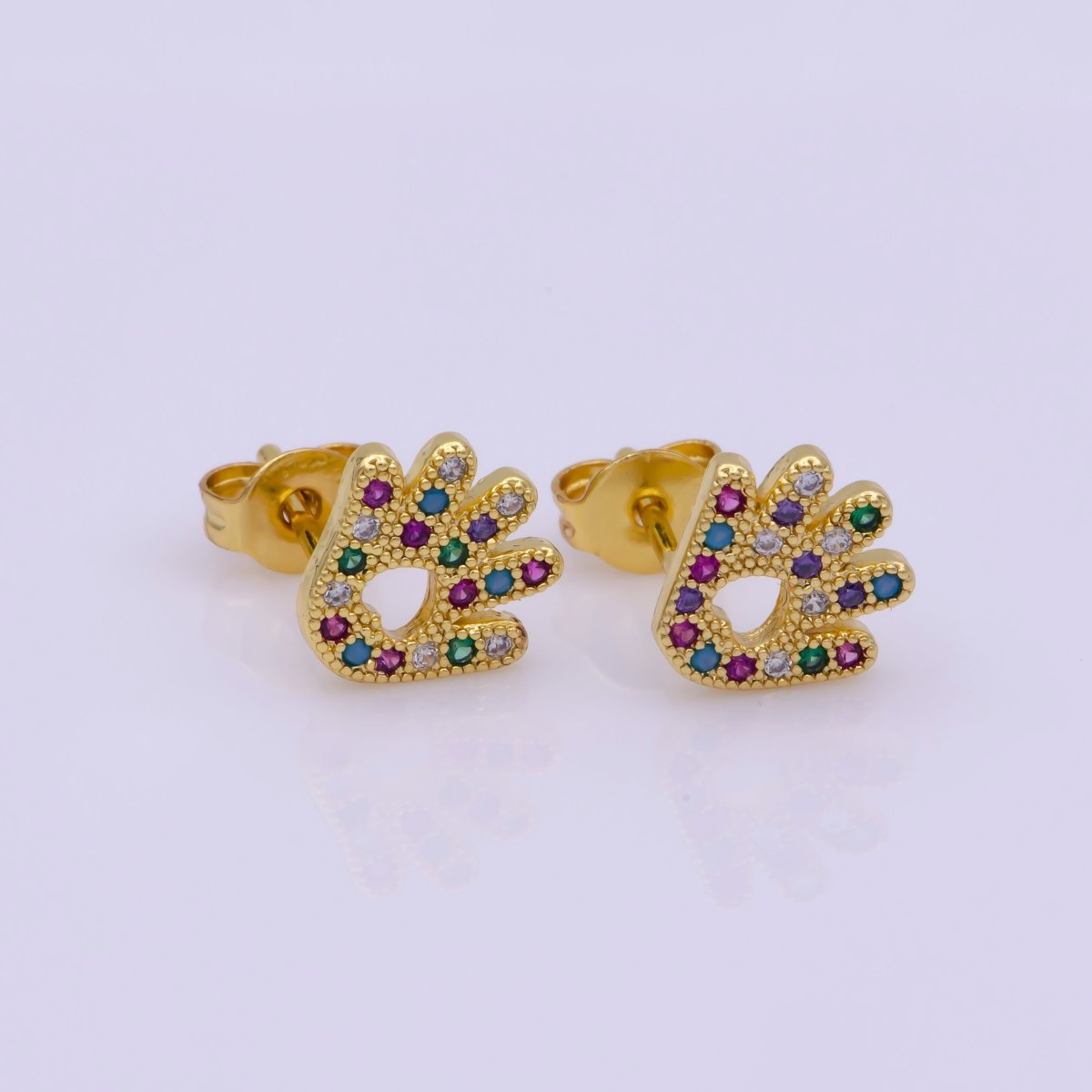 24K Gold Filled Multicolor CZ Micro Paved Hand Love Palm Stud Earrings