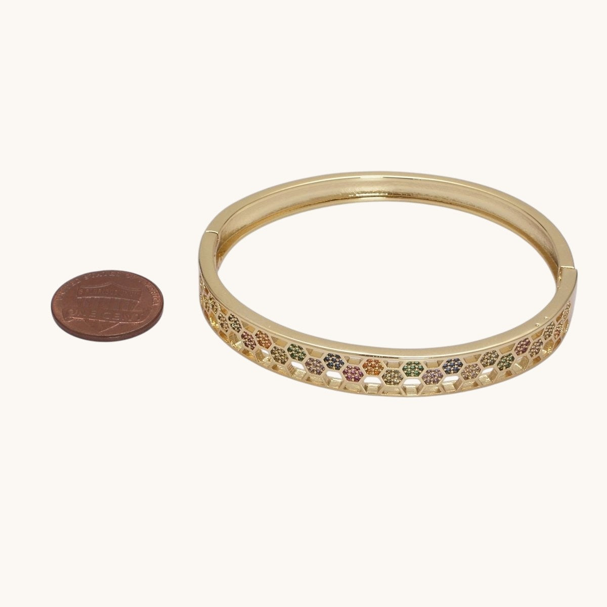 24K Gold Filled Multicolor CZ Micro Pave Open Hexagonal Lined Bangle Bracelet