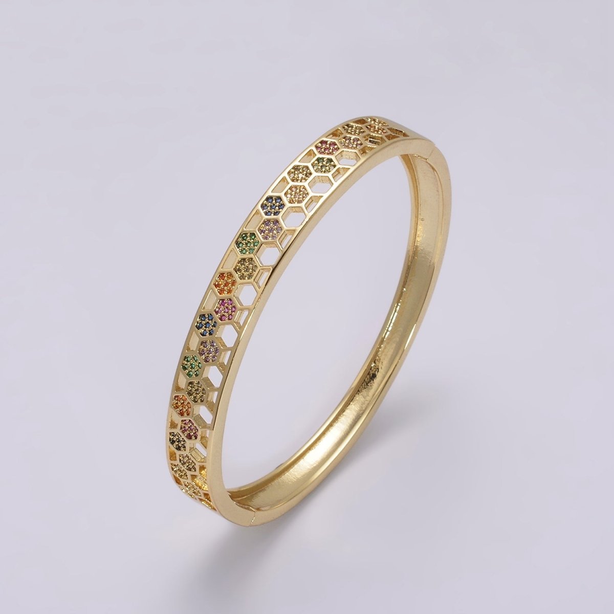 24K Gold Filled Multicolor CZ Micro Pave Open Hexagonal Lined Bangle Bracelet