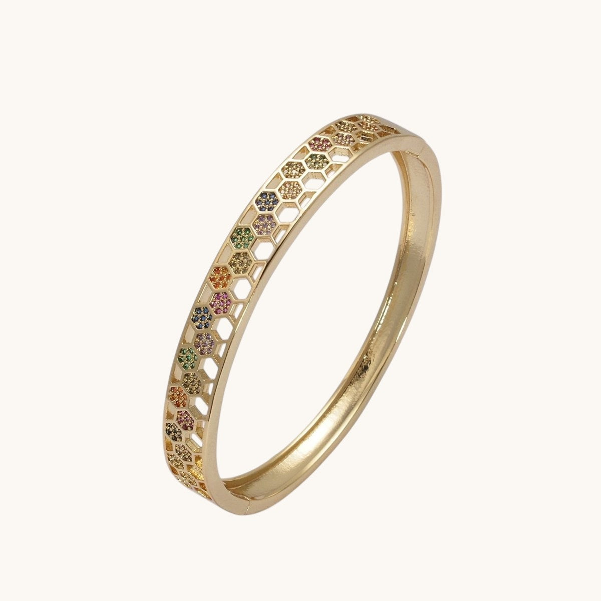 24K Gold Filled Multicolor CZ Micro Pave Open Hexagonal Lined Bangle Bracelet