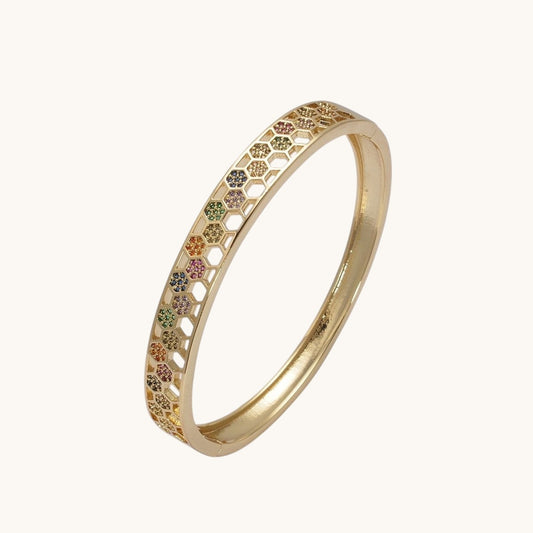 24K Gold Filled Multicolor CZ Micro Pave Open Hexagonal Lined Bangle Bracelet