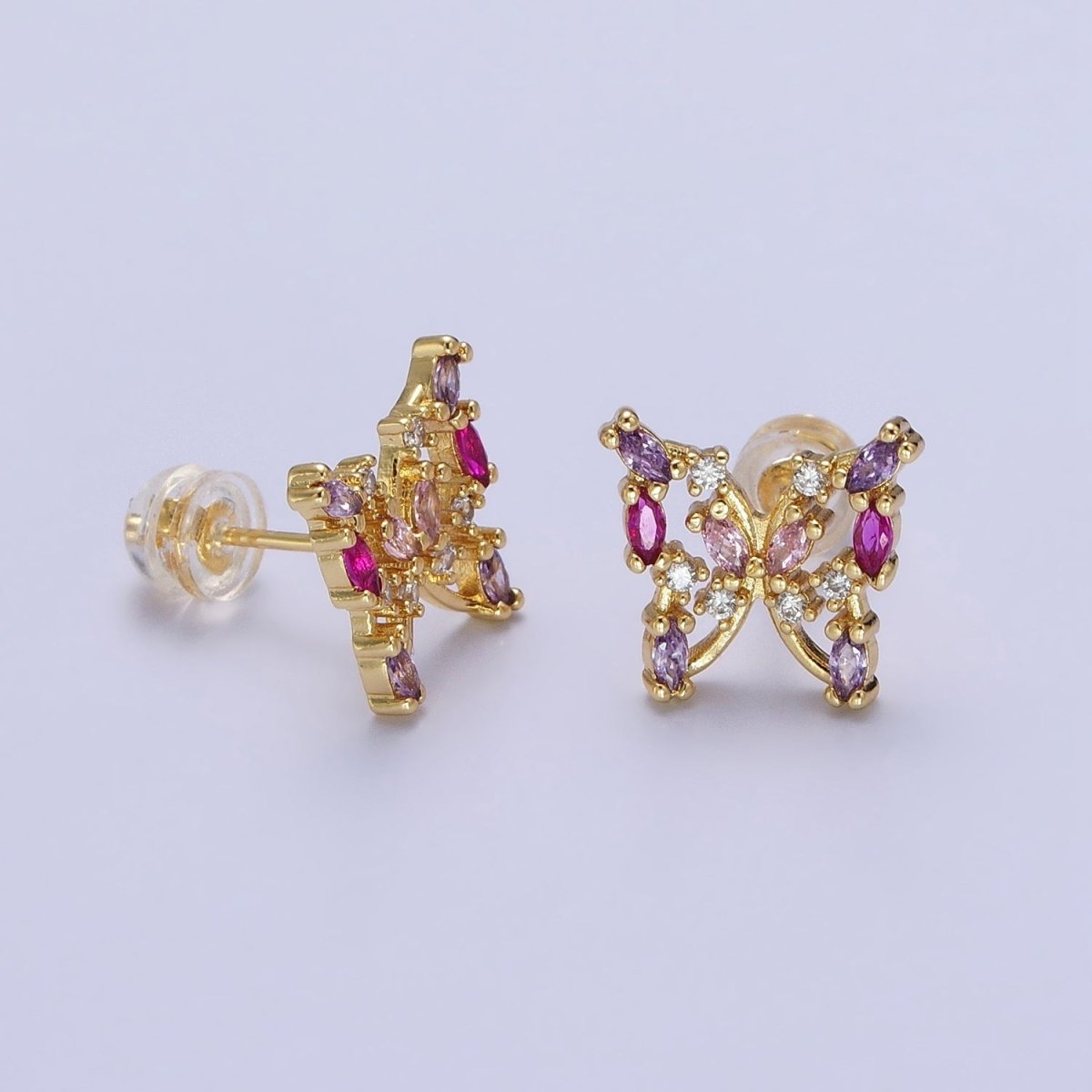 Stunning 24K Gold Filled Multicolor Marquise CZ Butterfly Mariposa Stud Earrings in Gold & Silver
