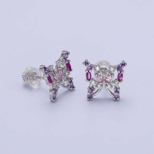 Stunning 24K Gold Filled Multicolor Marquise CZ Butterfly Mariposa Stud Earrings in Gold & Silver