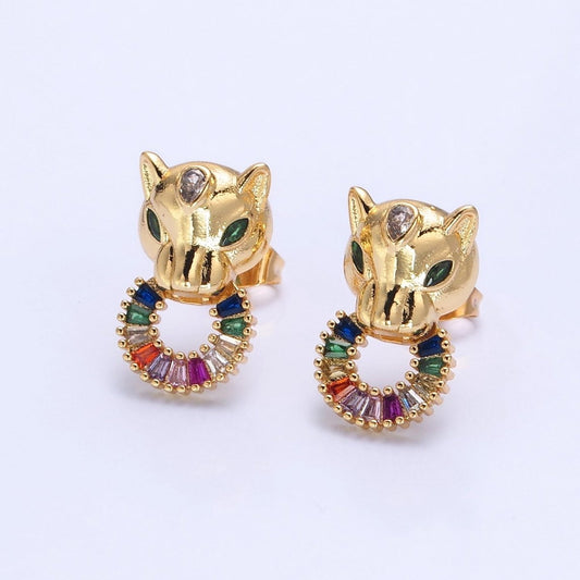 24K Gold Filled Panther Stud Earrings with Multicolor Baguette CZ Cubic Zirconia