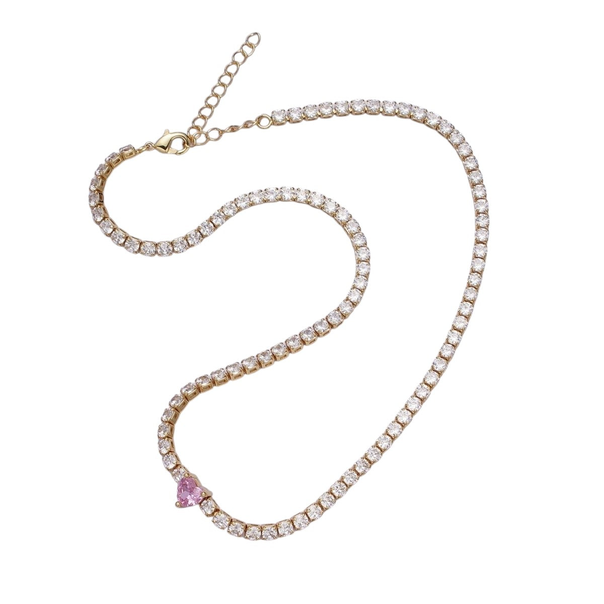 24K Gold Filled Pink Clear CZ Heart Tennis Chain Choker Minimalist Necklace