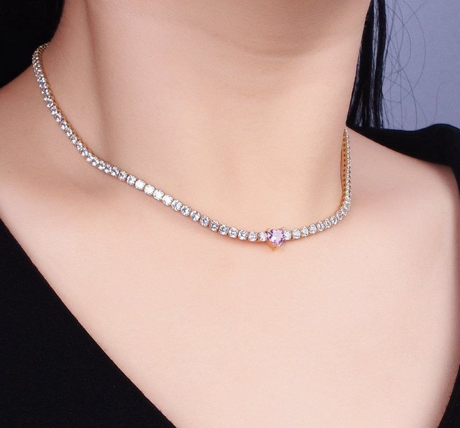 24K Gold Filled Pink Clear CZ Heart Tennis Chain Choker Minimalist Necklace