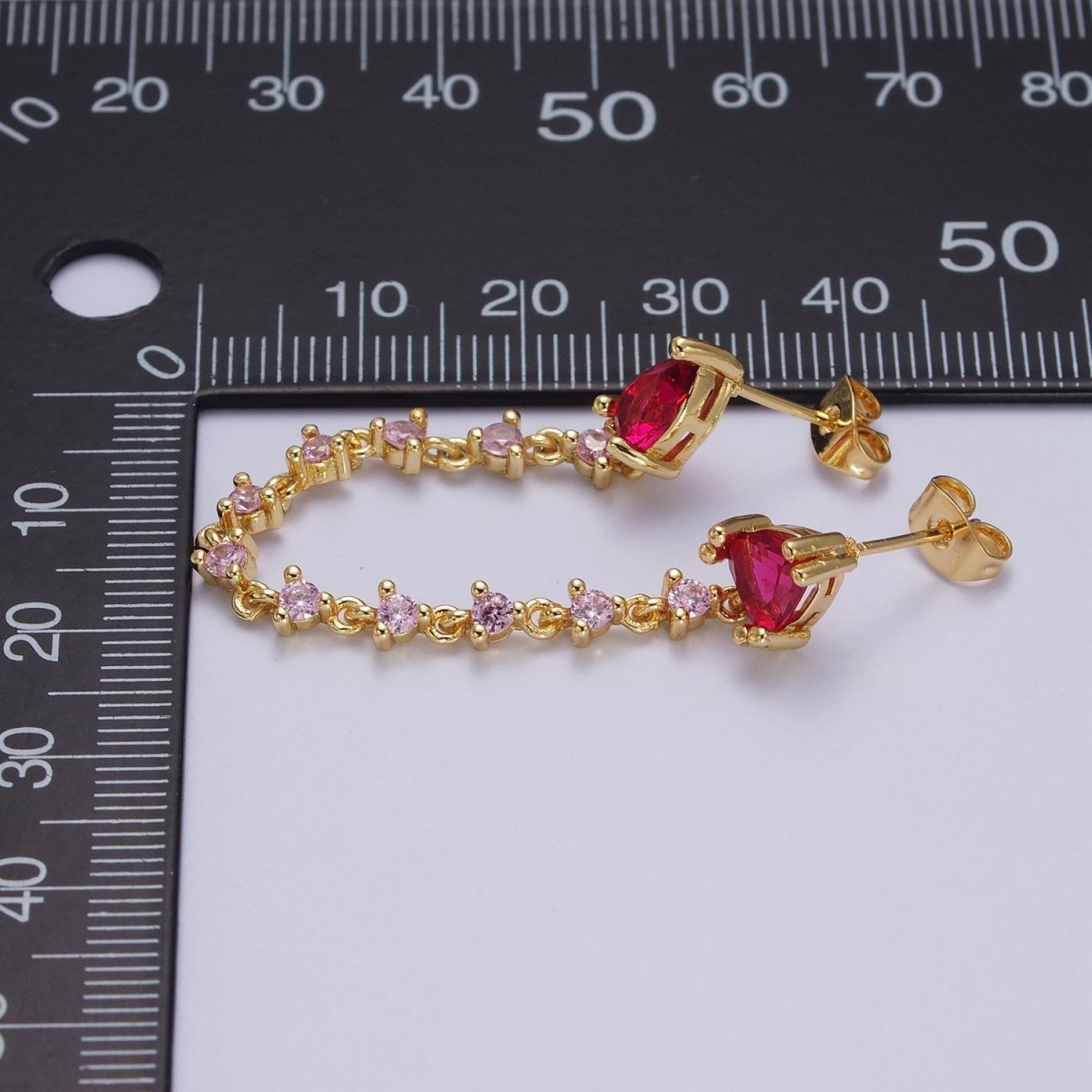 24K Gold Filled Pink Cubic Zirconia Chain Link Double Fuchsia Teardrop Stud Earrings