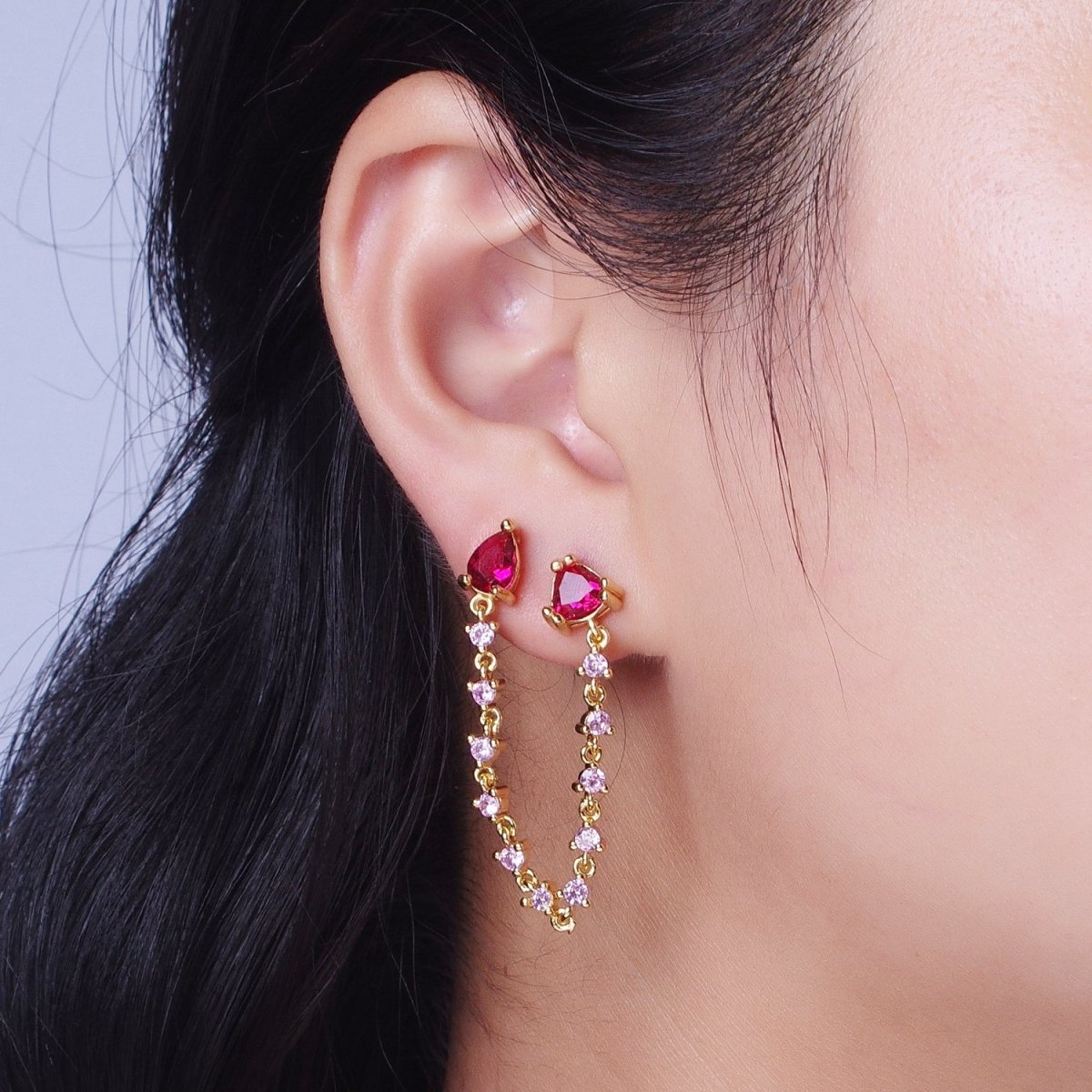 24K Gold Filled Pink Cubic Zirconia Chain Link Double Fuchsia Teardrop Stud Earrings