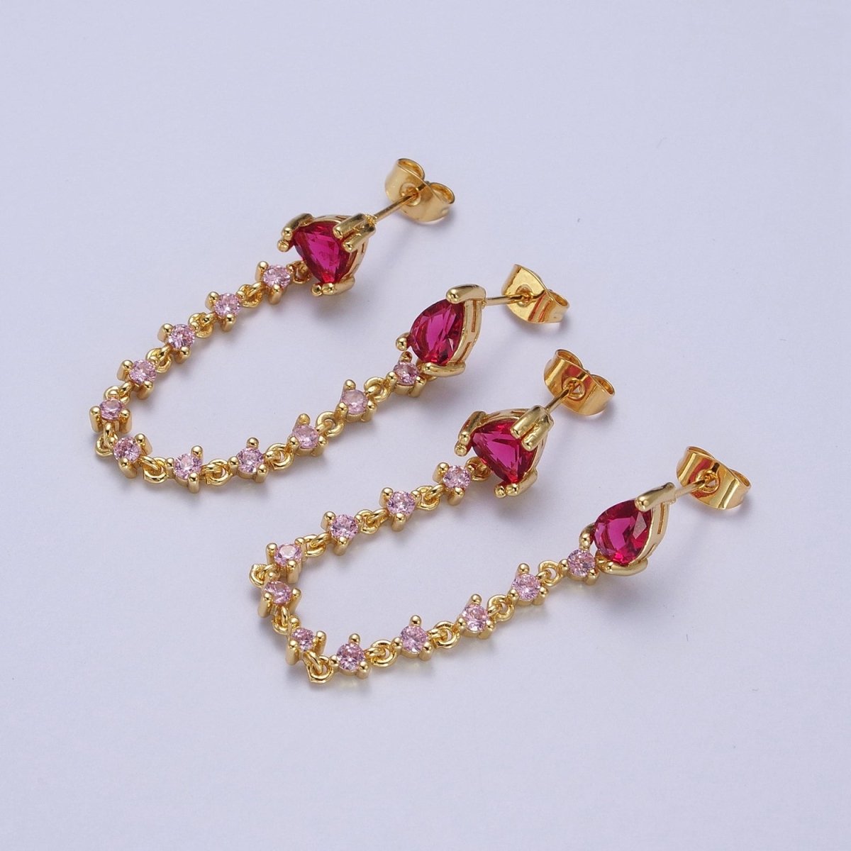 24K Gold Filled Pink Cubic Zirconia Chain Link Double Fuchsia Teardrop Stud Earrings