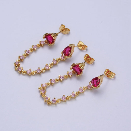 24K Gold Filled Pink Cubic Zirconia Chain Link Double Fuchsia Teardrop Stud Earrings