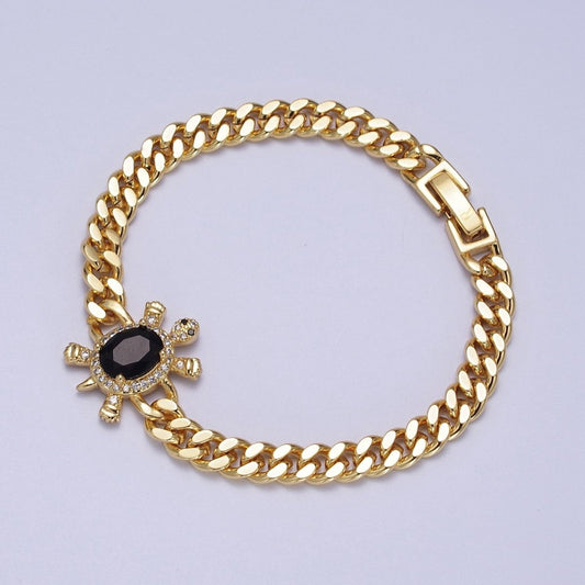24K Gold Filled Sea Turtle Micro Pave Cubic Zirconia Curb Bracelet