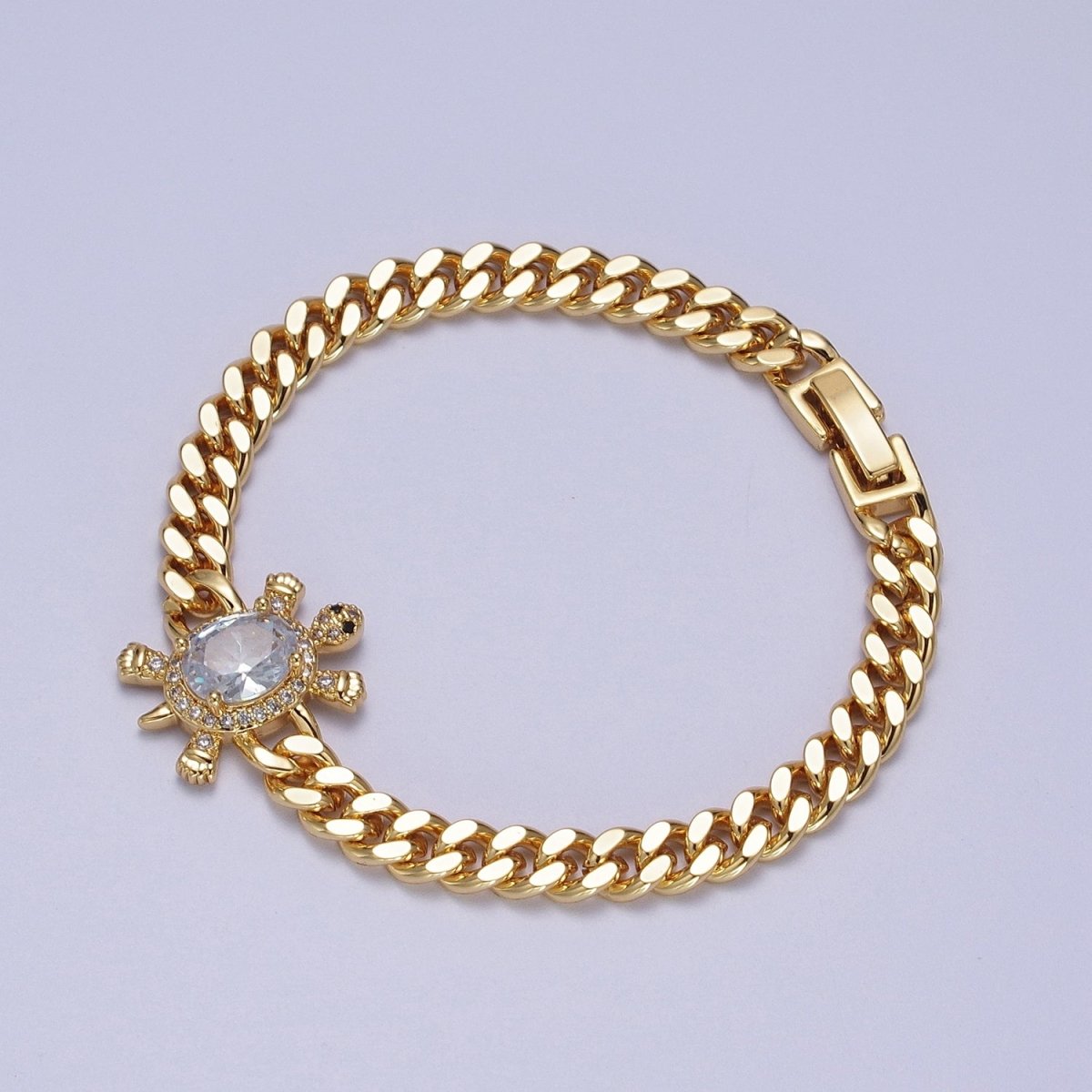 24K Gold Filled Sea Turtle Micro Pave Cubic Zirconia Curb Bracelet