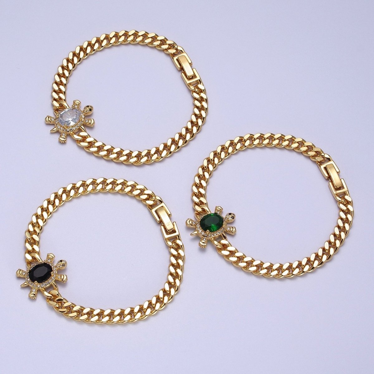 24K Gold Filled Sea Turtle Micro Pave Cubic Zirconia Curb Bracelet