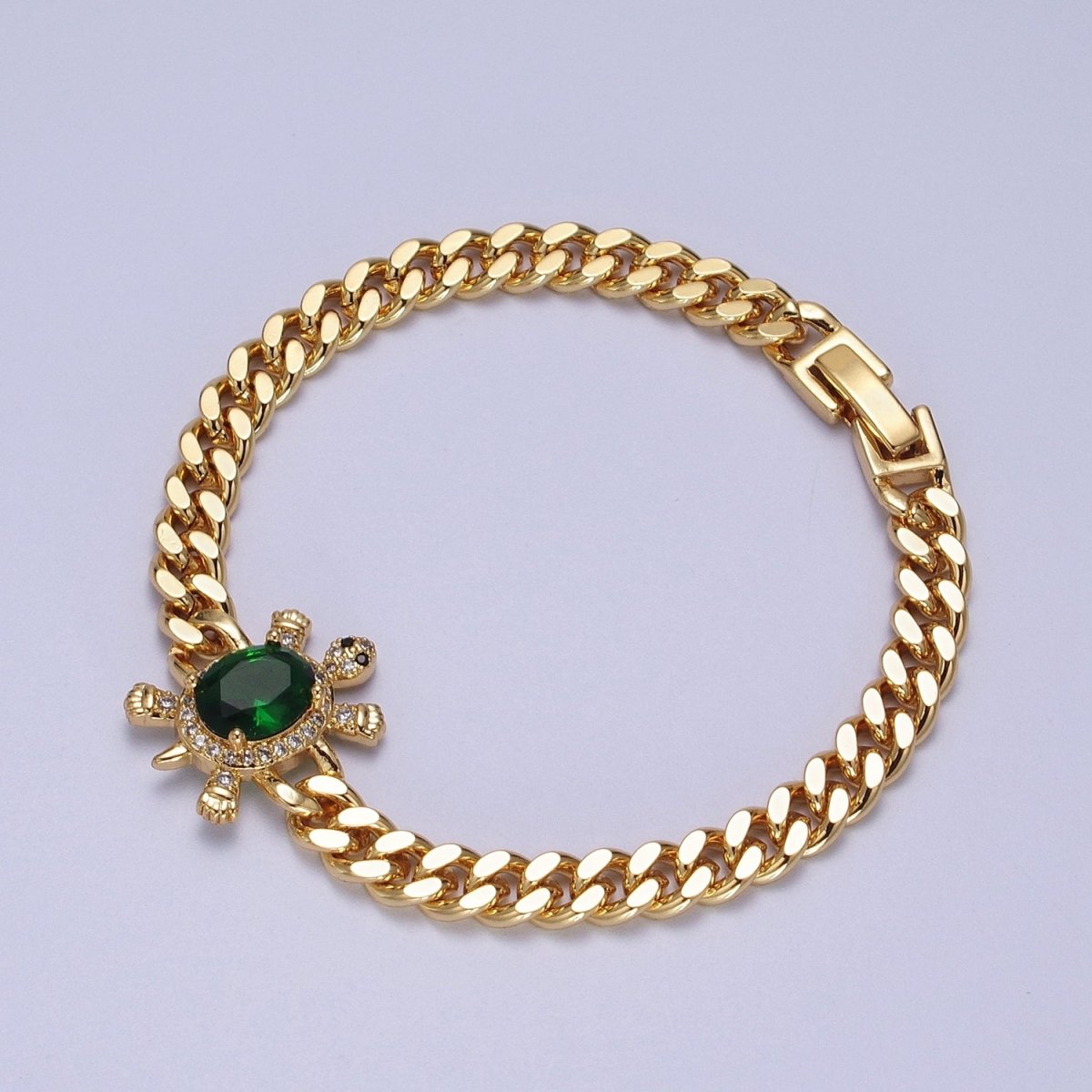 24K Gold Filled Sea Turtle Micro Pave Cubic Zirconia Curb Bracelet