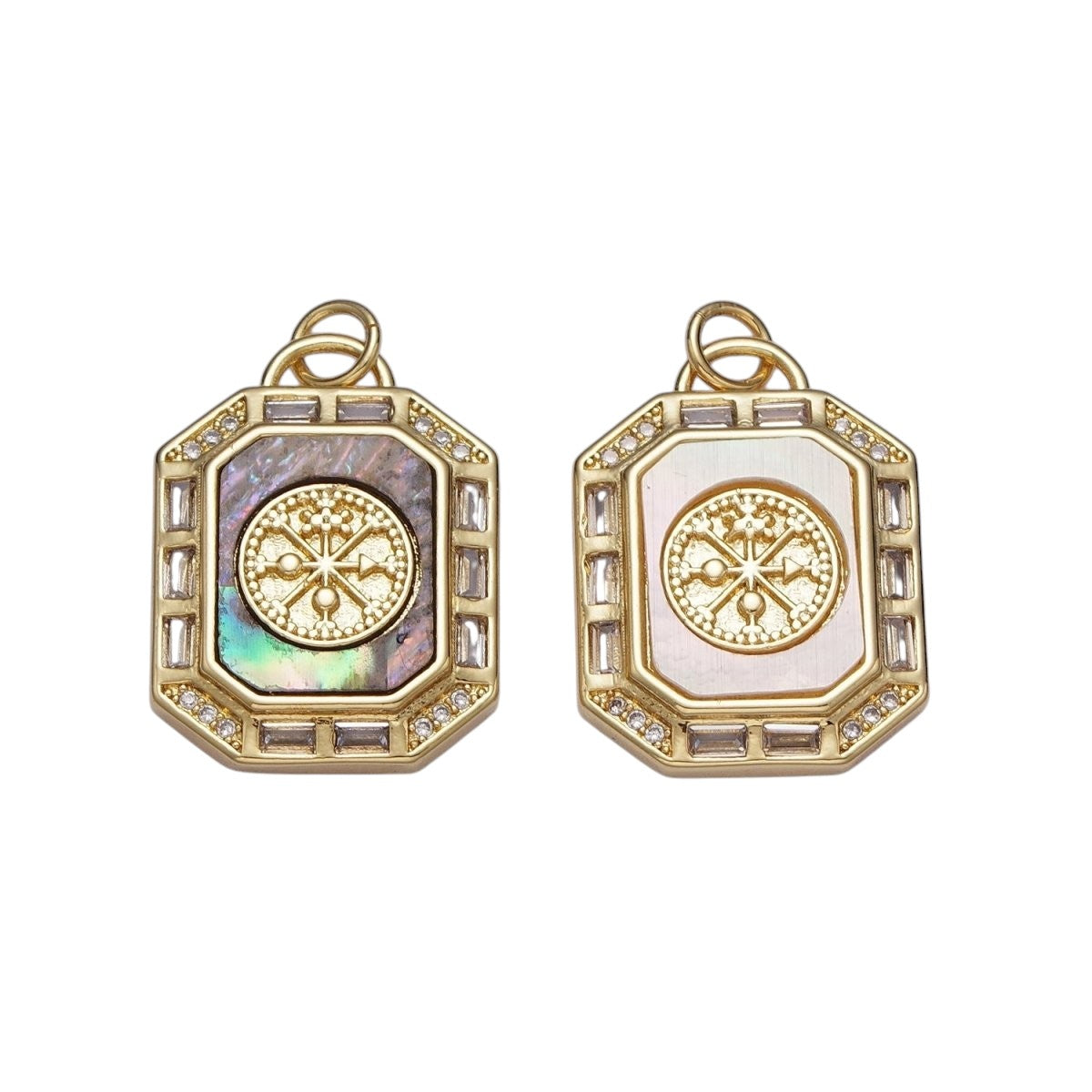 24K Gold Filled Shell Pearl, Abalone Tag Tile Compass Baguette Octagonal Charm