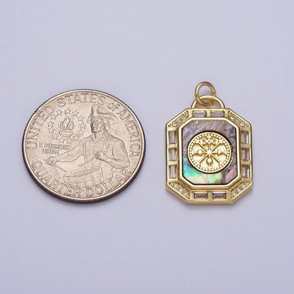 24K Gold Filled Shell Pearl, Abalone Tag Tile Compass Baguette Octagonal Charm