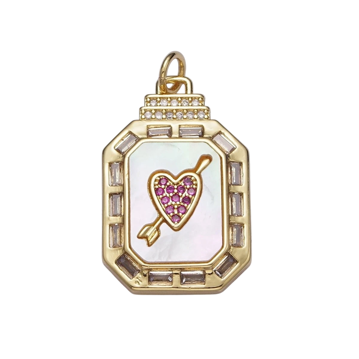24K Gold Filled Shell Pearl Cupid Arrowed Heart Micro Pave Baguette CZ Octagonal Charm