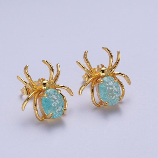 24K Gold Filled Spider Earring Blue Cubic Zirconia Gold Spider Stud Earrings for Her