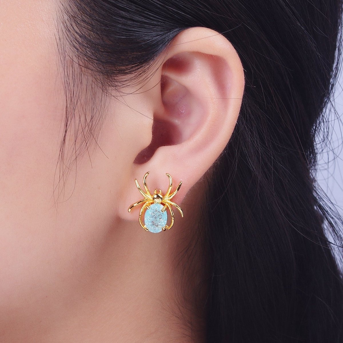 24K Gold Filled Spider Earring Blue Cubic Zirconia Gold Spider Stud Earrings for Her