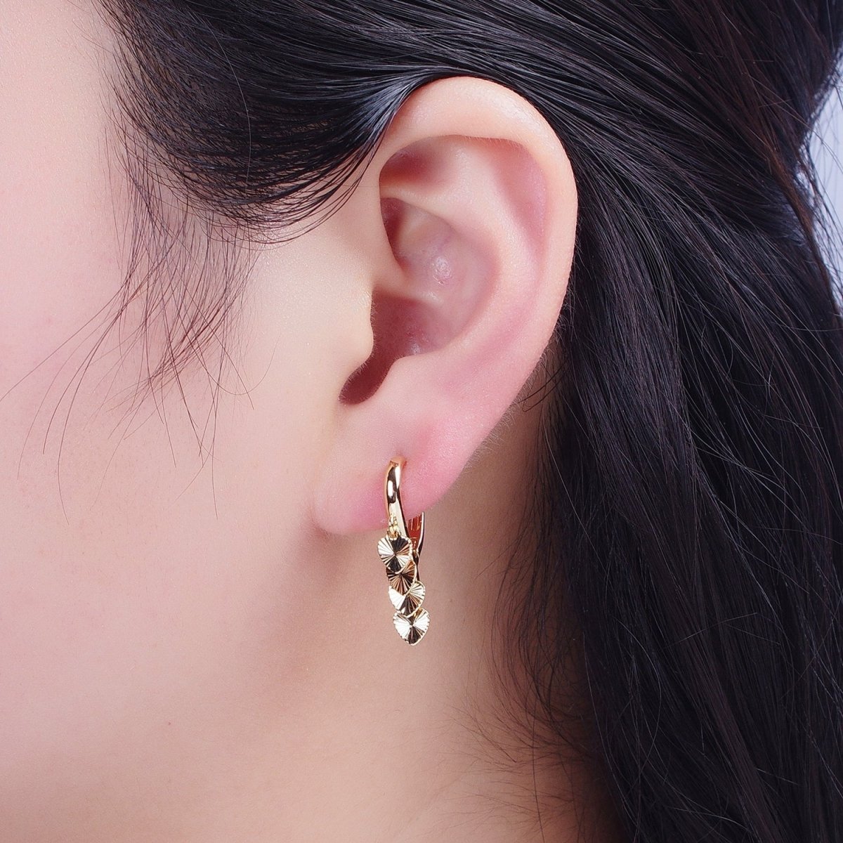 24K Gold Filled Starburst Heart Love Dangle on Teardrop Huggie Hoop Earrings