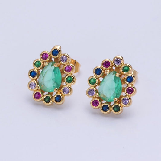 24K Gold Filled Teal Teardrop CZ Studs Multicolor Round Earrings