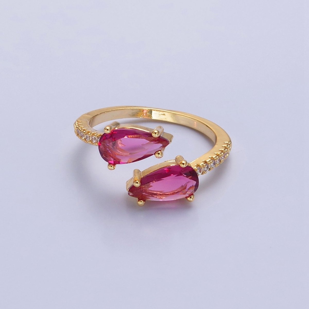 24K Gold Filled Teardrop CZ Ring, Green or Fuchsia Cubic Zirconia Open Ring with Clear Micro Pave Band