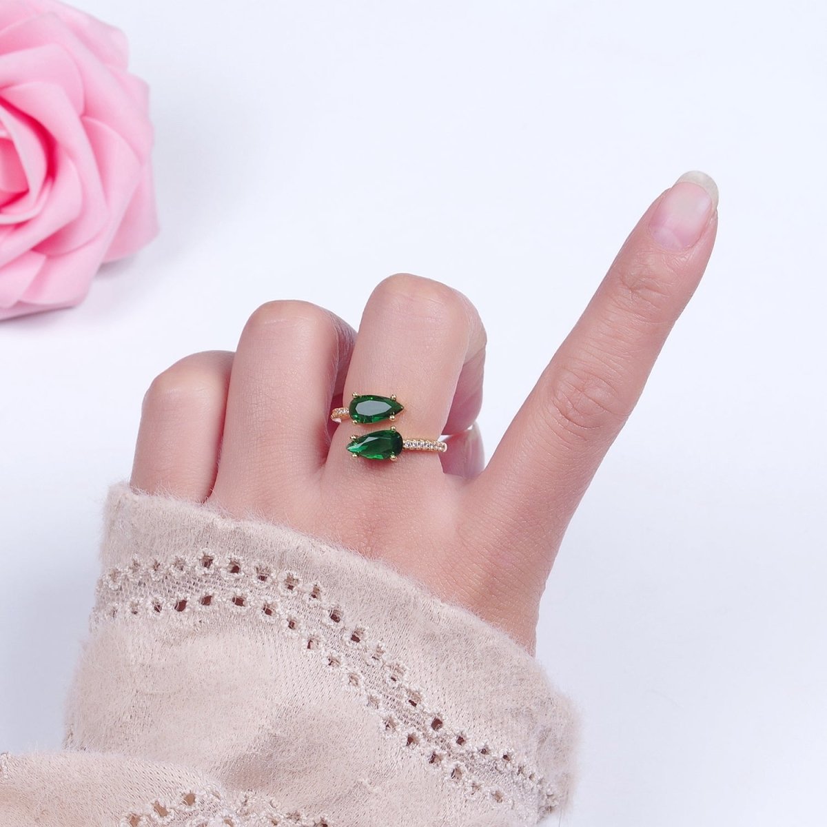 24K Gold Filled Teardrop CZ Ring, Green or Fuchsia Cubic Zirconia Open Ring with Clear Micro Pave Band