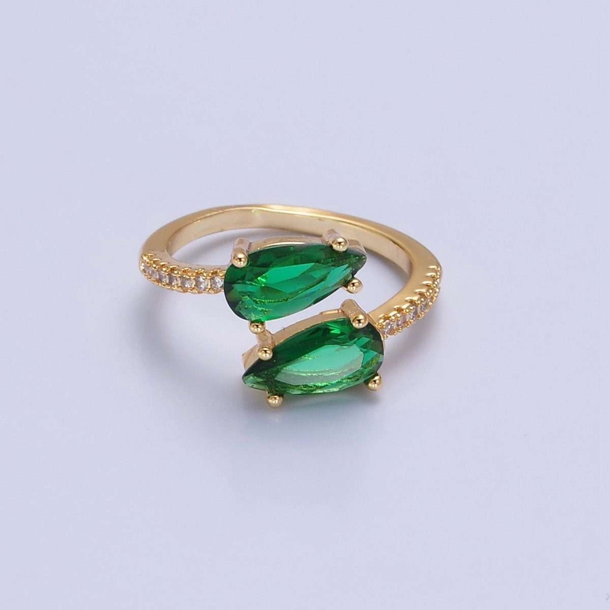 24K Gold Filled Teardrop CZ Ring, Green or Fuchsia Cubic Zirconia Open Ring with Clear Micro Pave Band