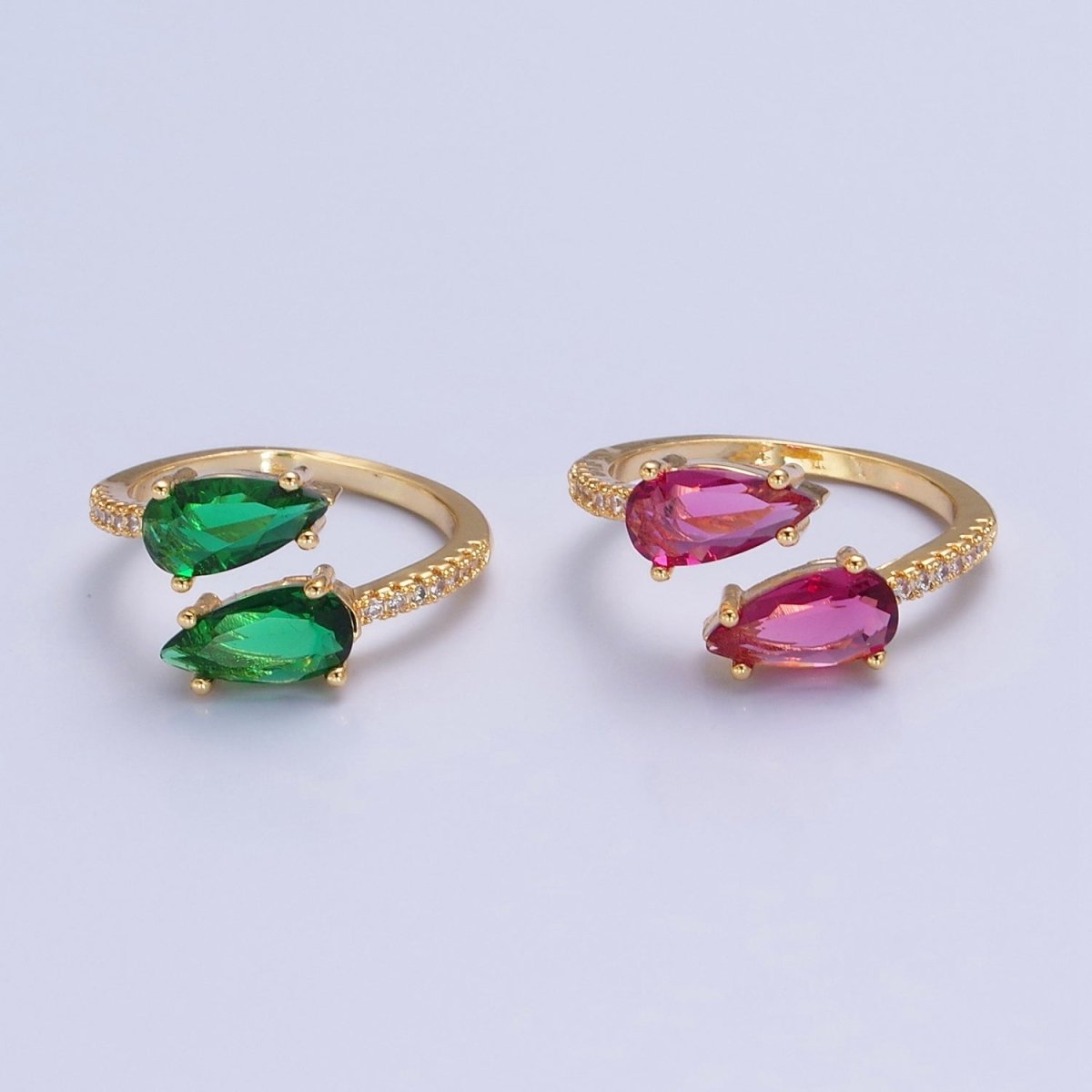 24K Gold Filled Teardrop CZ Ring, Green or Fuchsia Cubic Zirconia Open Ring with Clear Micro Pave Band